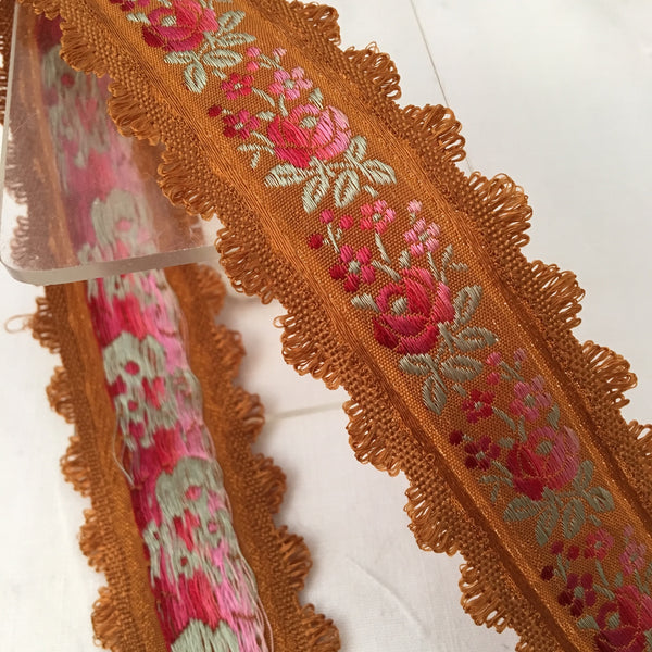 vintage french ribbon ombre pink roses sage green vines stepped picot edge rayon silk