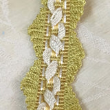 antique french grosgrain trim green gold cream zig zag picot vintage costuming ribbon