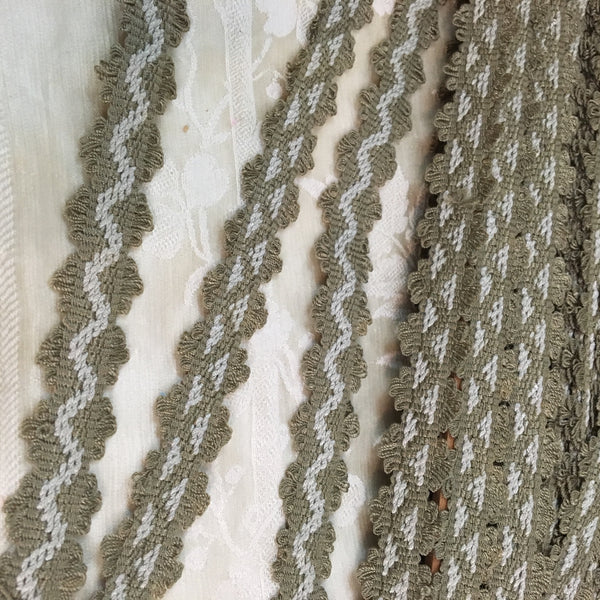 antique moss olive green dove grey zig zag picot trim