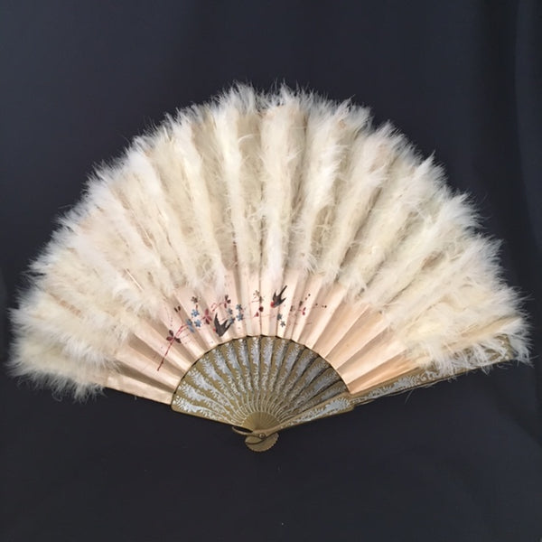 Victorian Painted Silk Ostrich Feather Fan