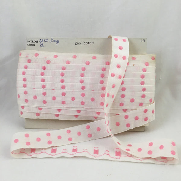 vintage french white grosgrain jacquard pink polka dots ribbon