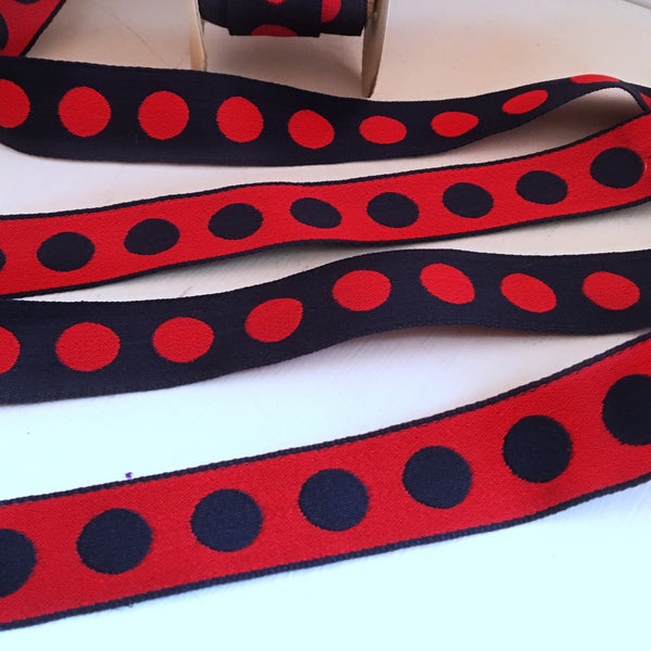 FRENCH Black Red 1" Large Polka Dot Ribbon Circus Clown Vintage Costuming Cotton 1940s Pin Up Girl Burlesque Showgirl