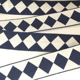 FRENCH Navy Blue White Single HARLEQUIN JESTER Square Diamond 1.5" Ribbon Circus Clown Vintage Costuming Cotton 1940s Pin Up Girl Burlesque Showgirl