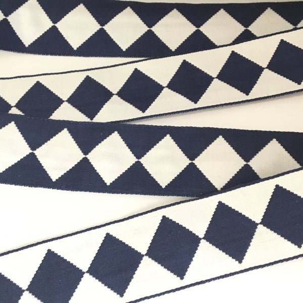 FRENCH Navy Blue White Single HARLEQUIN JESTER Square Diamond 1.5" Ribbon Circus Clown Vintage Costuming Cotton 1940s Pin Up Girl Burlesque Showgirl