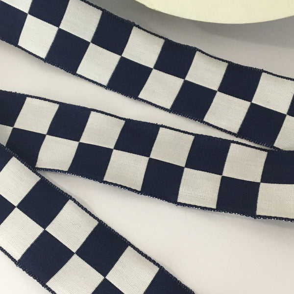 Vintage 1.5" French Navy Blue White Checked Gingham Jacquard
