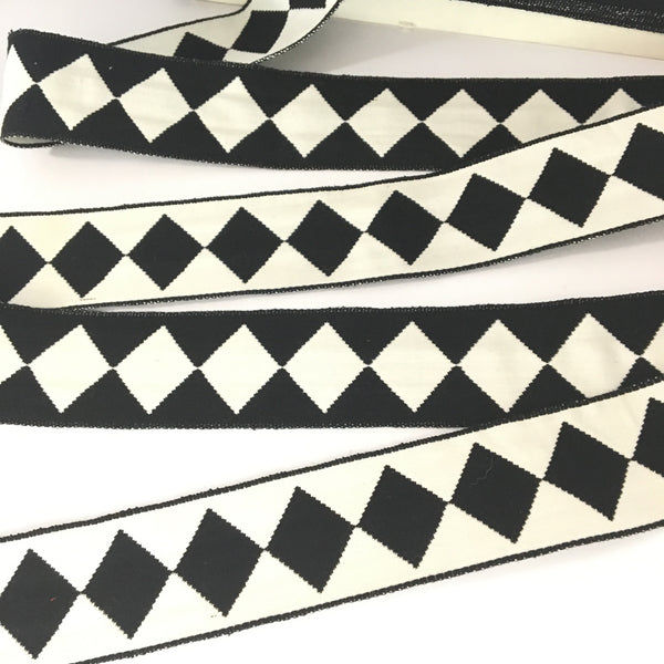 FRENCH Black White Single HARLEQUIN JESTER Square Diamond 1.5" Ribbon Circus Clown Vintage Costuming Cotton 1940s Pin Up Girl Burlesque Showgirl