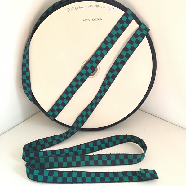 Vintage 5/8" French Navy Blue Emerald Green Checked Gingham Jacquard