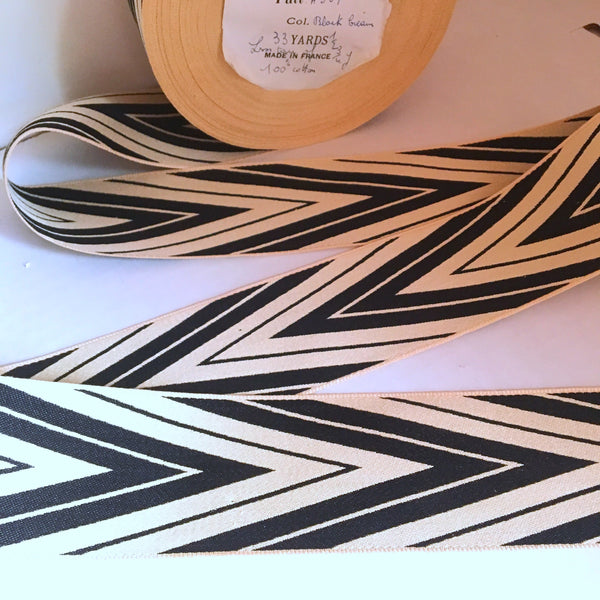 Vintage FRENCH Black Off White 2" Wide CHEVRON Va Va Voom Ribbon Circus Clown Costuming Belt Cotton 1950s Pin Up Girl Stage Burlesque