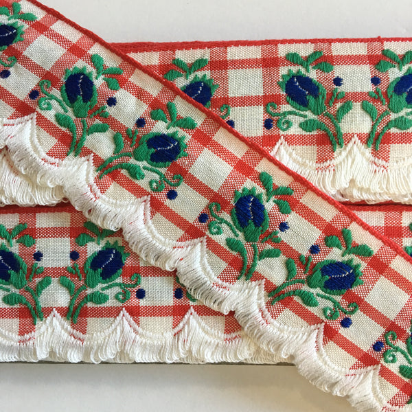 Vintage White Red Plaid Blue Rose Swag Fringe Dirndl 1 5/8” Trim Ribbon