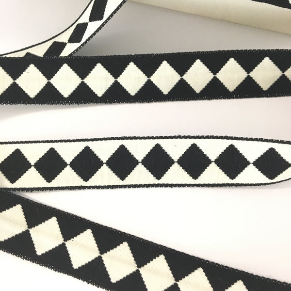 FRENCH Black White Single HARLEQUIN JESTER Square Diamond 1" Ribbon Circus Clown Vintage Costuming Cotton 1940s Pin Up Girl Burlesque Showgirl