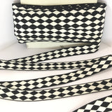 FRENCH Black White Double HARLEQUIN JESTER Diamond 1" Ribbon Circus Clown Vintage Costuming Cotton 1940s Pin Up Girl Burlesque Showgirl