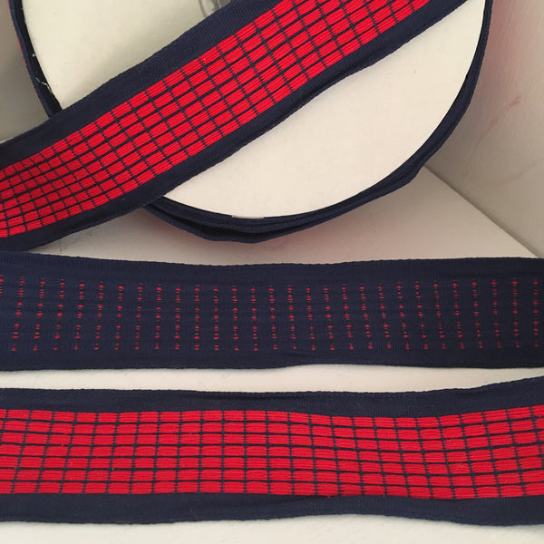 Vintage 1.25" French Navy Blue Red Checked Gingham Jacquard
