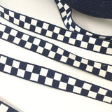 Vintage 5/8" French Navy Blue White Checked Gingham Jacquard