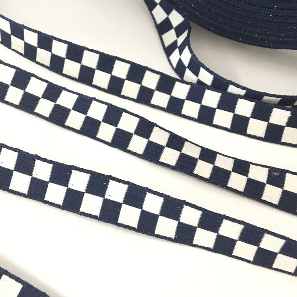 Vintage 5/8" French Navy Blue White Checked Gingham Jacquard