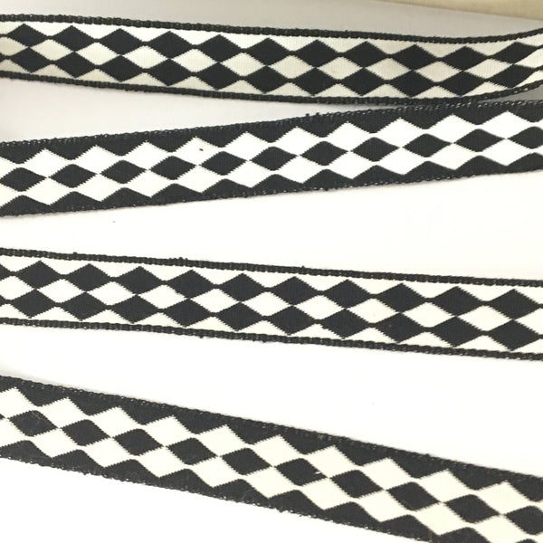 FRENCH Black White Double HARLEQUIN JESTER Diamond 5/8" Ribbon Circus Clown Vintage Costuming Cotton 1940s Pin Up Girl Burlesque Showgirl