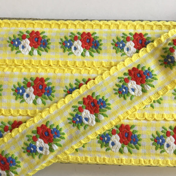 Vintage Yellow White Floral Gingham Dirndl 1 1/8” Trim Ribbon