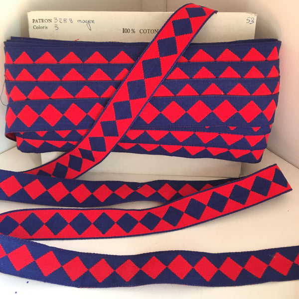 FRENCH Royal Blue Red Single HARLEQUIN JESTER Square Diamond 1" Ribbon Circus Clown Vintage Costuming Cotton 1940s Pin Up Girl Burlesque Showgirl