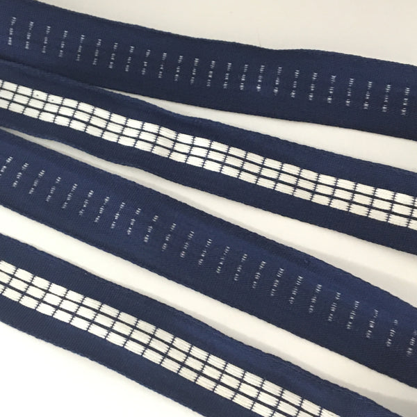 Vintage 7/8" French Navy Blue White Checked Gingham Jacquard