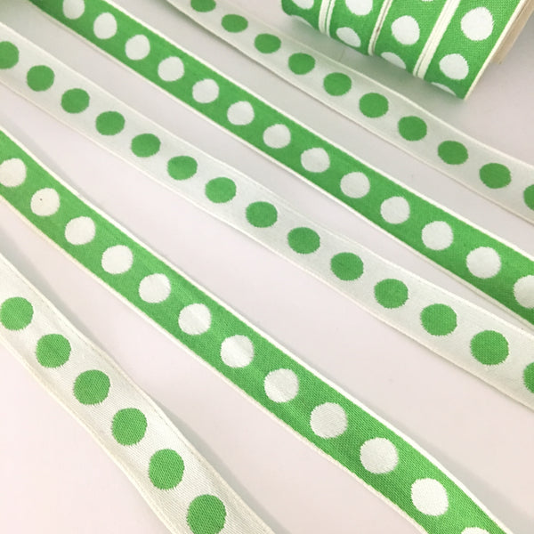 FRENCH Green White 5/8" Large Polka Dot Ribbon Circus Clown Vintage Costuming Cotton 1940s Pin Up Girl Burlesque Showgirl