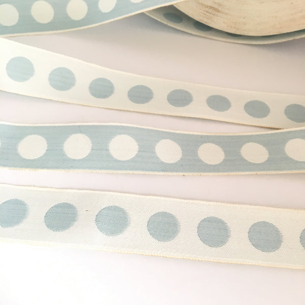 FRENCH Light Sky Blue White 1" Large Polka Dot Ribbon Circus Clown Vintage Costuming Cotton 1940s Pin Up Girl Burlesque Showgirl
