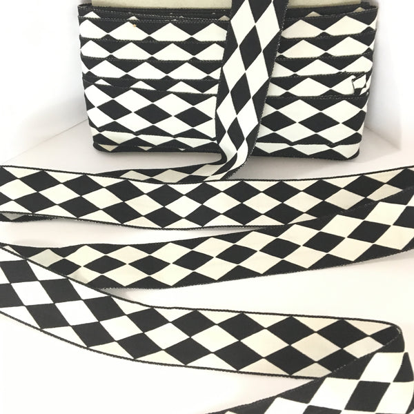 FRENCH Black White Double HARLEQUIN JESTER Diamond 1.5" Ribbon Circus Clown Vintage Costuming Cotton 1940s Pin Up Girl Burlesque Showgirl