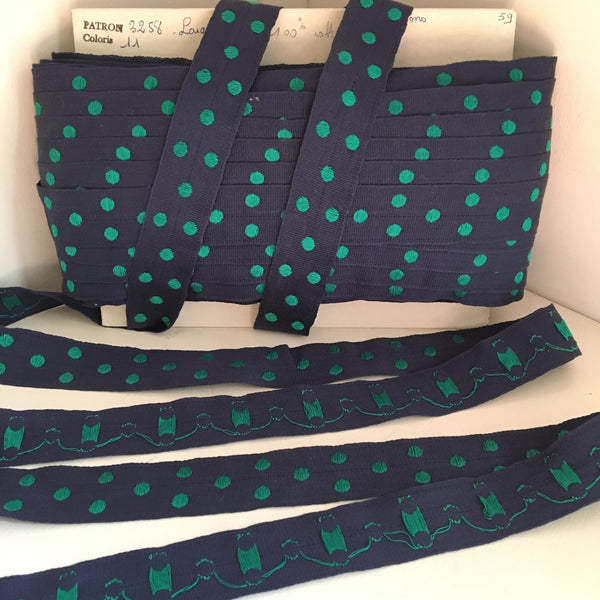 Vintage 1" French Navy Blue Emerald Green Polka Dot Grosgrain Ribbon