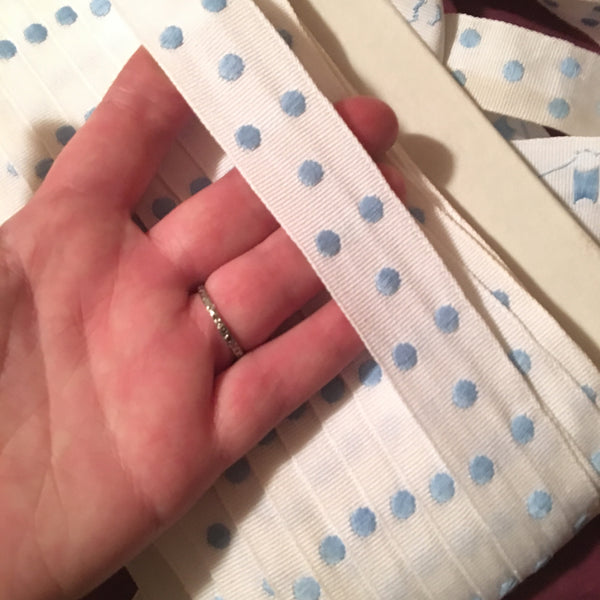 Vintage 1" French Light Blue White Polka Dot Grosgrain Ribbon