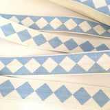 FRENCH Sky Blue Single HARLEQUIN JESTER Square Diamond 1" Ribbon Circus Clown Vintage Costuming Cotton 1940s Pin Up Girl Burlesque Showgirl
