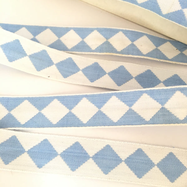 FRENCH Sky Blue Single HARLEQUIN JESTER Square Diamond 1" Ribbon Circus Clown Vintage Costuming Cotton 1940s Pin Up Girl Burlesque Showgirl