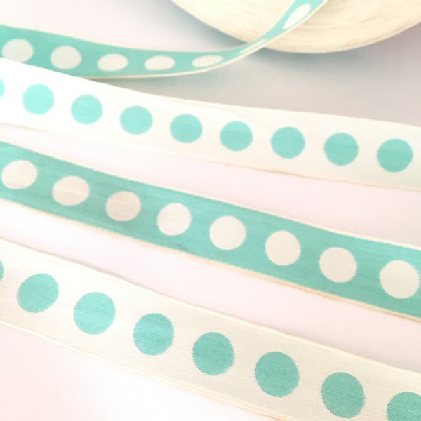 FRENCH TIFFANY BLUE White 1" Large Polka Dot Ribbon Circus Clown Vintage Costuming Cotton 1940s Pin Up Girl Burlesque Showgirl