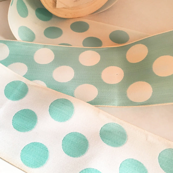 Vintage TIFFANY BLUE French 3" WIDE Large Polka Dot Ribbon Circus Clown Costuming Cotton 1940s Pin Up Girl Burlesque Showgirl