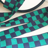 Vintage 1.5" French Navy Blue Emerald Green Checked Gingham Jacquard