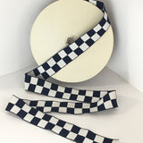 Vintage 1.5" French Navy Blue White Checked Gingham Jacquard