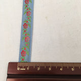 sky light blue ribbon coral pink daisy chain green leaves jacquard french width 12mm