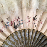 antique victorian edwardian chinese hand painted silk ostrich marabou feather court fan eventail swallows