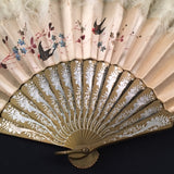 antique victorian edwardian chinese hand painted silk ostrich marabou feather court fan eventail gold sticks