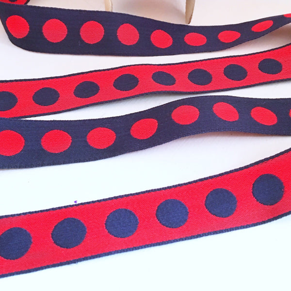 FRENCH Navy Blue Red 1" Large Polka Dot Ribbon Circus Clown Vintage Costuming Cotton 1940s Pin Up Girl Burlesque Showgirl