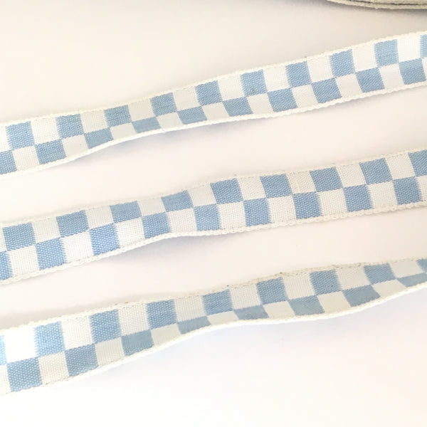 FRENCH Sky Blue White CHECKERED Gingham JESTER 2/3" Ribbon Circus Clown Vintage Costuming Cotton 1940s Pin Up Girl Burlesque Showgirl Rockabilly