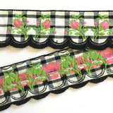 Vintage Black White Plaid Pink Rose Swag Fringe Dirndl 1 5/8” Trim Ribbon