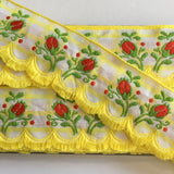 Vintage Yellow White Plaid Red Rose Swag Fringe Dirndl 1 5/8” Trim Ribbon