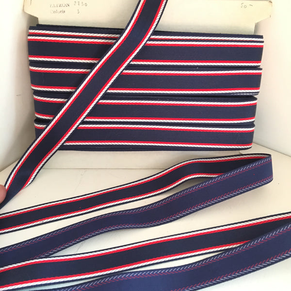 Vintage 7/8" French Polished Cotton Navy Blue Red White Jacquard Ribbon Belting