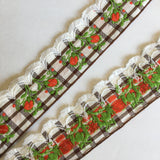 Vintage White Brown Plaid Red Rose Swag Fringe Dirndl 1 5/8” Trim Ribbon