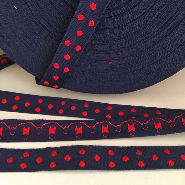 Vintage FRENCH Navy Blue Red 2/3" POLKA DOTS Grosgrain Ribbon Circus Clown Costuming Belt Cotton 1950s Pin Up Girl Stage Burlesque Hot Tomato