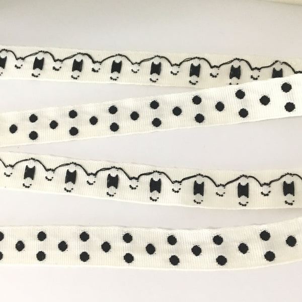 Vintage 5/8" French Black White Polka Dot Grosgrain Ribbon