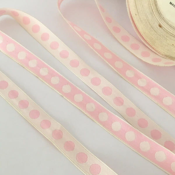 FRENCH Light Pink White 5/8" Large Polka Dot Ribbon Circus Clown Vintage Costuming Cotton 1940s Pin Up Girl Burlesque Showgirl