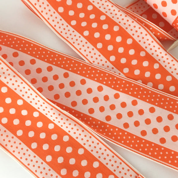 Vintage FRENCH Orange White 3" Wide Tiny POLKA DOTS Rockabilly Ribbon Circus Clown Costuming Belt Cotton 1950s Pin Up Girl Stage Burlesque Hot